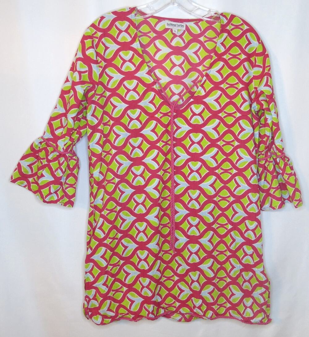 Buckhead Betties Top 3/4 Sleeve Geometric Size S Women Pink Green Boho Colorful